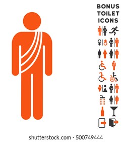Buddhist Monk icon and bonus man and woman lavatory symbols. Vector illustration style is flat iconic bicolor symbols, orange and gray colors, white background.