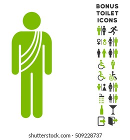 Buddhist Monk icon and bonus man and lady lavatory symbols. Vector illustration style is flat iconic bicolor symbols, eco green and gray colors, white background.
