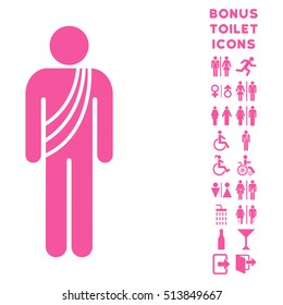 Buddhist Monk icon and bonus man and woman toilet symbols. Vector illustration style is flat iconic symbols, pink color, white background.