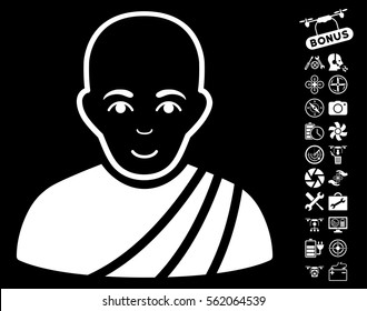 Buddhist Monk icon with bonus nanocopter tools pictograph collection. Vector illustration style is flat iconic white symbols on black background.