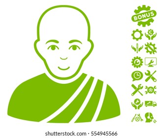 Buddhist Monk icon with bonus settings symbols. Vector illustration style is flat iconic eco green symbols on white background.