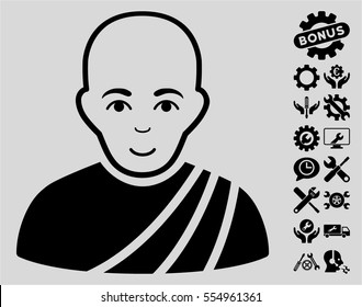 Buddhist Monk icon with bonus tools graphic icons. Vector illustration style is flat iconic black symbols on light gray background.