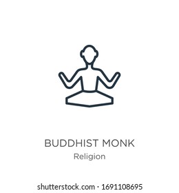 Icono de monje budista. Icono de la línea delgada del esqueleto budista aislado en el fondo blanco de la colección religiosa. Signo vectorial de línea, símbolo para web y móvil