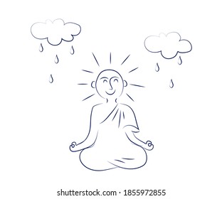 Buddhist monk meditates in the rain. Sketch. Vector illustration.