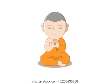 Buddhist monk meditating, Cute cartoon character, vector 