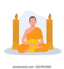 buddhist monk meditating during candle festival for thai buddhist lent. Flat vector cartoon illustration 