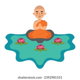 buddhist monk meditating with lotus flowers vector isolated