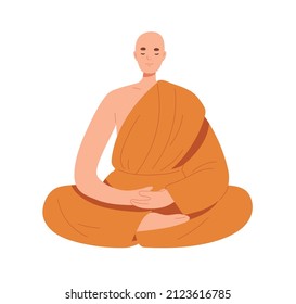 Buddhist Monk Meditating In Lotus Pose. Meditation And Zen In Buddhism. Bald Man In Orange Robe At Spiritual Practice. Asian Tibetan Faith. Flat Vector Illustration Isolated On White Background