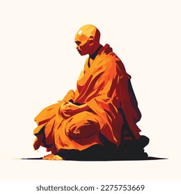 Buddhist monk meditating in lotus pose. Meditation and zen in buddhism. Bald man in orange robe at spiritual practice. Asian Tibetan faith. Vector.