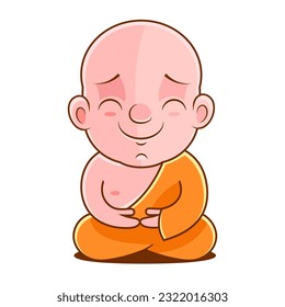 Monje budista meditando en la pose del loto. Meditación y zen en el budismo. Hombre calvo de naranja túnica en la práctica espiritual. Fé asiática tibetana. Ilustración vectorial plana aislada en fondo blanco