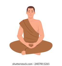 Buddhist monk meditating in lotus pose. Meditation and zen in buddhism. Bald man in orange robe at spiritual practice. Asian Tibetan faith. Flat vector illustration isolated on white background