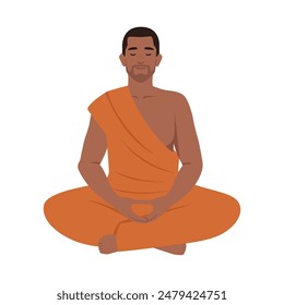 Monje budista meditando en pose de loto. Ilustración vectorial plana aislada sobre fondo blanco