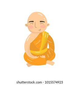 Buddhist monk meditating in lotus position, practicing yoga in the padmasana pose cartoon vector Illustration