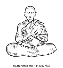 Buddhist monk meditating in Lotus position sketch engraving vector illustration. Scratch board style imitation. Black and white hand drawn image.