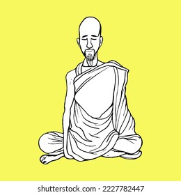 Buddhist monk meditating. Meditation and zen in buddhism. Man in spiritual practice. Asian Tibetan faith. Abstract lineart vector illustration isolated