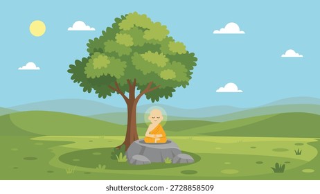 Monge budista meditando sob uma árvore design plano.Monk praticando a atenção na natureza.Paisagem espiritual com meditando monge em uma rocha
