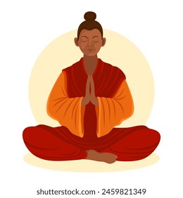 Buddhist, buddhist monk in a meditation pose. Man in red and yellow clothes meditates. Hands folded in prayer. Concept of meditation, yoga. Character vector Illustration, white background. 