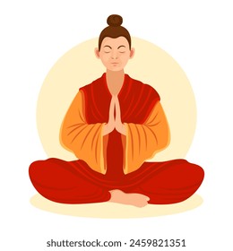 Budista, monje budista en una pose de meditación. Un hombre con ropa roja y amarilla medita. Manos dobladas en oración. Concepto de meditación, zen, yoga. Ilustración vectorial de caracteres, fondo blanco. 