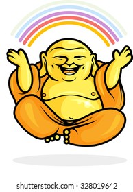 Buddhist Monk in meditation pose with rainbow. Levitation. Isolated on transparent background. 