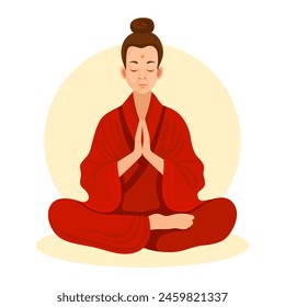 Buddhist, buddhist monk in a meditation pose. Woman in red clothes meditates. Hands folded in prayer. Concept of meditation, yoga, zen. Character vector Illustration, white background. 