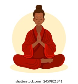 Buddhist, buddhist monk in a meditation pose. Woman in red clothes meditates. Hands folded in prayer. Concept of meditation, yoga. Character vector Illustration, white background. 