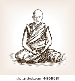 Buddhist monk meditation sketch style vector illustration. Old engraving imitation.