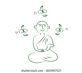 Monje y dinero budistas. Esbozo. Ilustración vectorial.