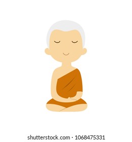 Buddhist monk in orange robes praying. Cute Cartoon isolated vector illustration on white background