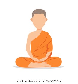 Buddhist monk in orange robes sitting in meditation. Cute cartoon tibetan monk meditating vector illustration.