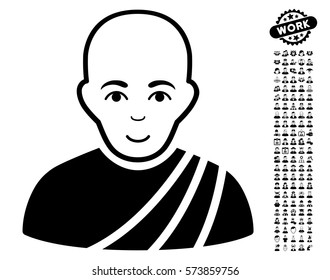 Buddhist Monk pictograph with bonus human pictograms. Vector illustration style is flat iconic black symbols on white background.