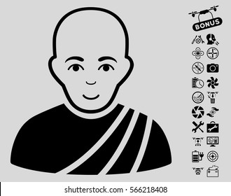 Buddhist Monk pictograph with bonus quadrocopter tools pictures. Vector illustration style is flat iconic black symbols on light gray background.