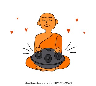 Ein buddhistischer Mönch spielt eine Handtrommel. Musikinstrument. Vektorgrafik.