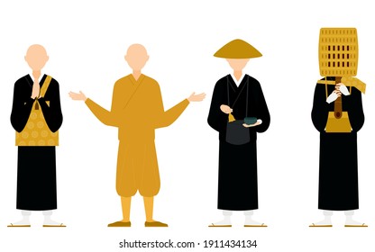 Buddhist monk pose set, whole body