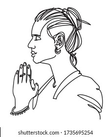 Buddhist monk is praying. Monk in prayer. One line drawing. Stylish print. Yoga, mantras, meditation.