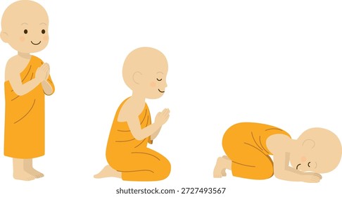Buddhist Monk Prostration Set 2D Flat style.Young Monk Prayer Positions  Standing, Kneeling, and Prostrating.Buddhist Devotion and Prayer Sequence Cute Monk Character Set

Description