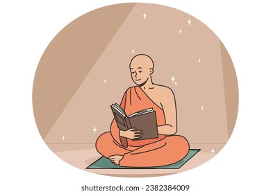 Buddhist monk reads ancient book sitting on rug. Religious votary receives sacred knowledge from ancient treatises. Man believing in God finds wisdom in temple. Vector thin line colorful illustration.