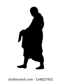Buddhist monk receive food offerings silhouette vector. Religion concept.