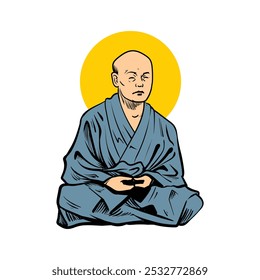 Buddhist Monk sitting in lotus pose meditating. Flat textured gradient hand drawn art. vector illustration.
