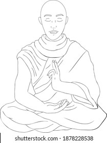 A Buddhist monk sitting in the lotus position and doing mudras with his hands. Vector illustration, outline, coloring, icon, logo.