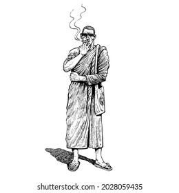 buddhist monk smokes ,  Hand Drawn Sketch Vector illustration.
