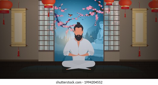 Buddhist monk in the temple meditates or practices yoga. Cartoon style. Vector.