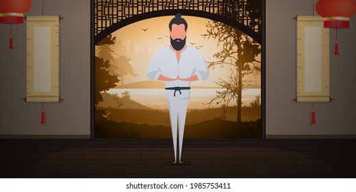 Buddhist monk in the temple prays holding his hands near his chest. Cartoon style. Vector.