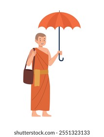 buddhist monk with umbrella isolated