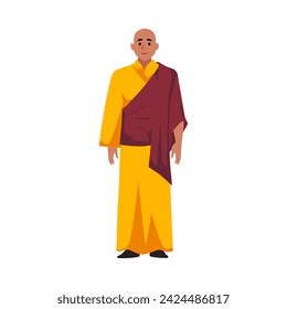 Buddhist monk, vector illustration isolated on white background, drawn in flat cartoon style. Male person standing, bald man in traditional orange robes. Religion character for design