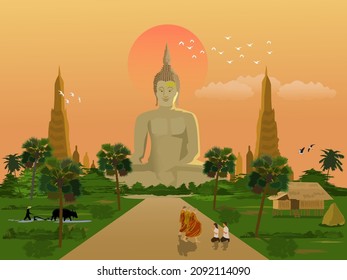 A Buddhist monk is walking on a road with men and women sitting in worship. Farmers plowing fields with buffaloes with pagodas and the morning sky in the background.