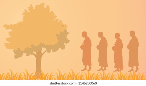 Buddhist monks with alms-bowl are walking ,vector illustration.