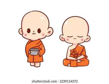 Buddhist monks cartoon character hand draw art illustration