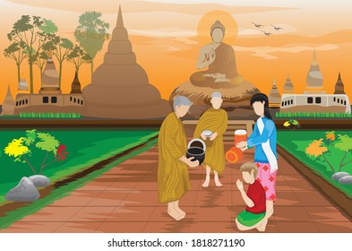 Buddhist monks going for alms in the morning vector design