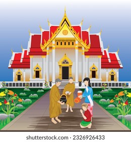 Buddhist monks going for alms in the morning vector design