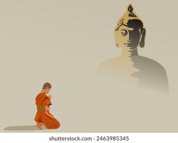 Buddhist monks kneel and worship Buddha statues.gray background